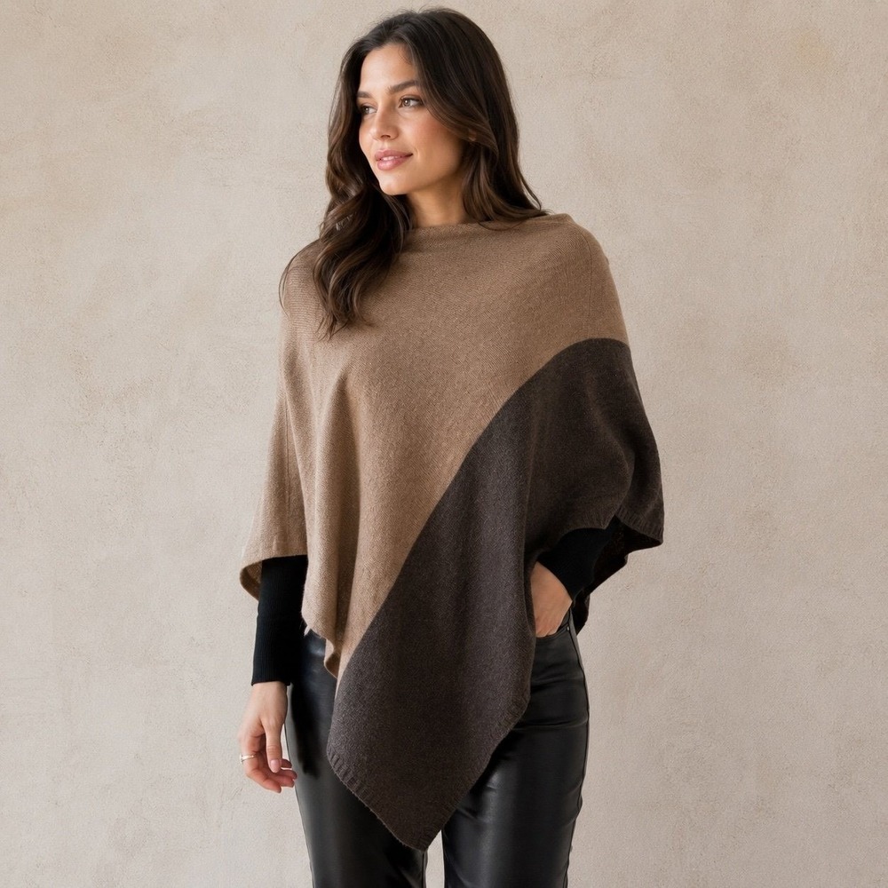 Celeste Wool Cashmere Colorblock Poncho Wrap Cape Camel Brown OS